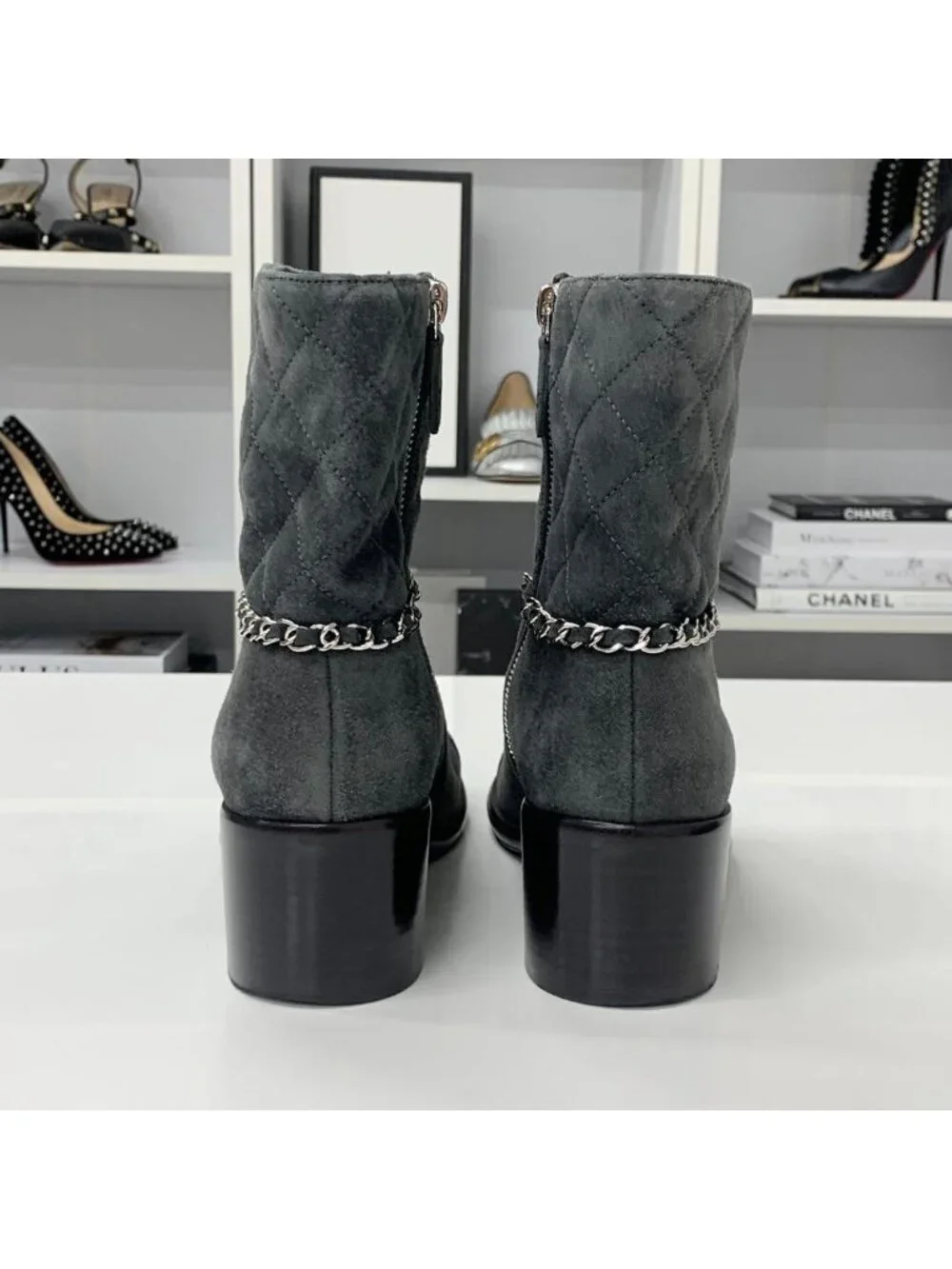 Chanel CC Logo Quilted Suede Chain Short Boots